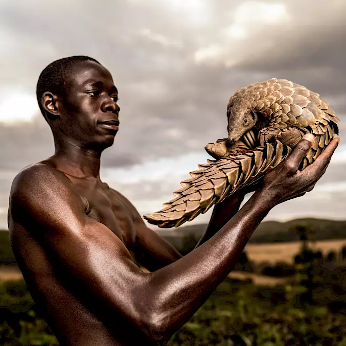 Grosses Bild: «Schuppentier-Mann», der sich der Rettung und Pflege dieser hilflosen Tiere verschrieben hat. Tikki Hywood Foundation, Simbabwe (2016) © Adrian Steirn